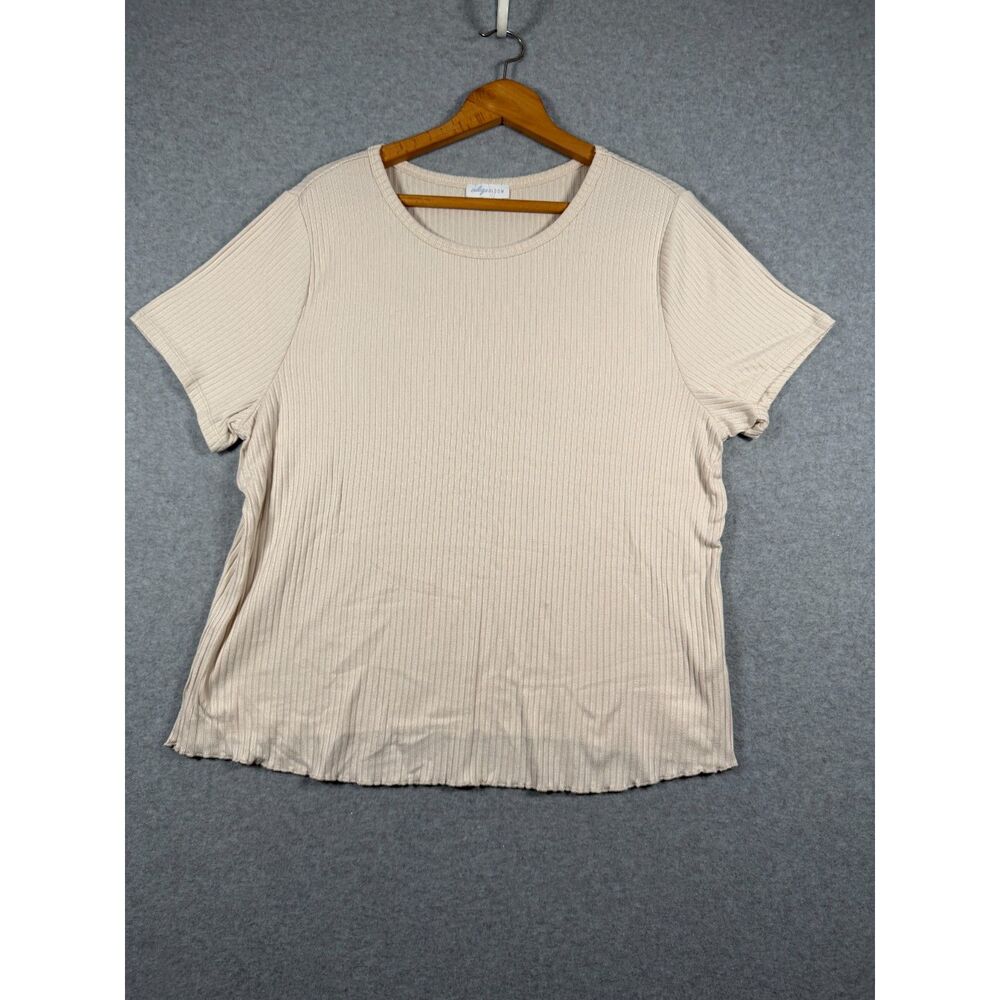 Indigo Bloom Women's 1X Beige Ribbed Short Sleeve Stretch Knit Top 0704